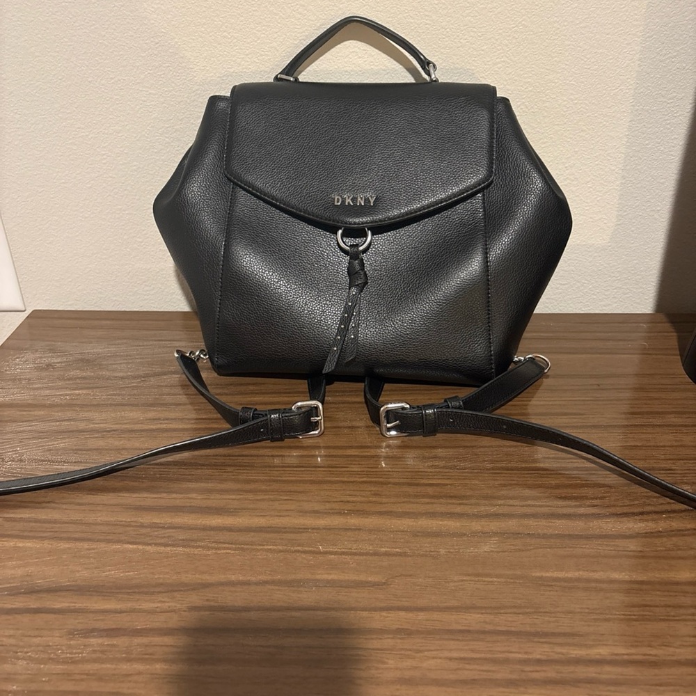Black DKNY pebbled leather backpack purse Satchel READ